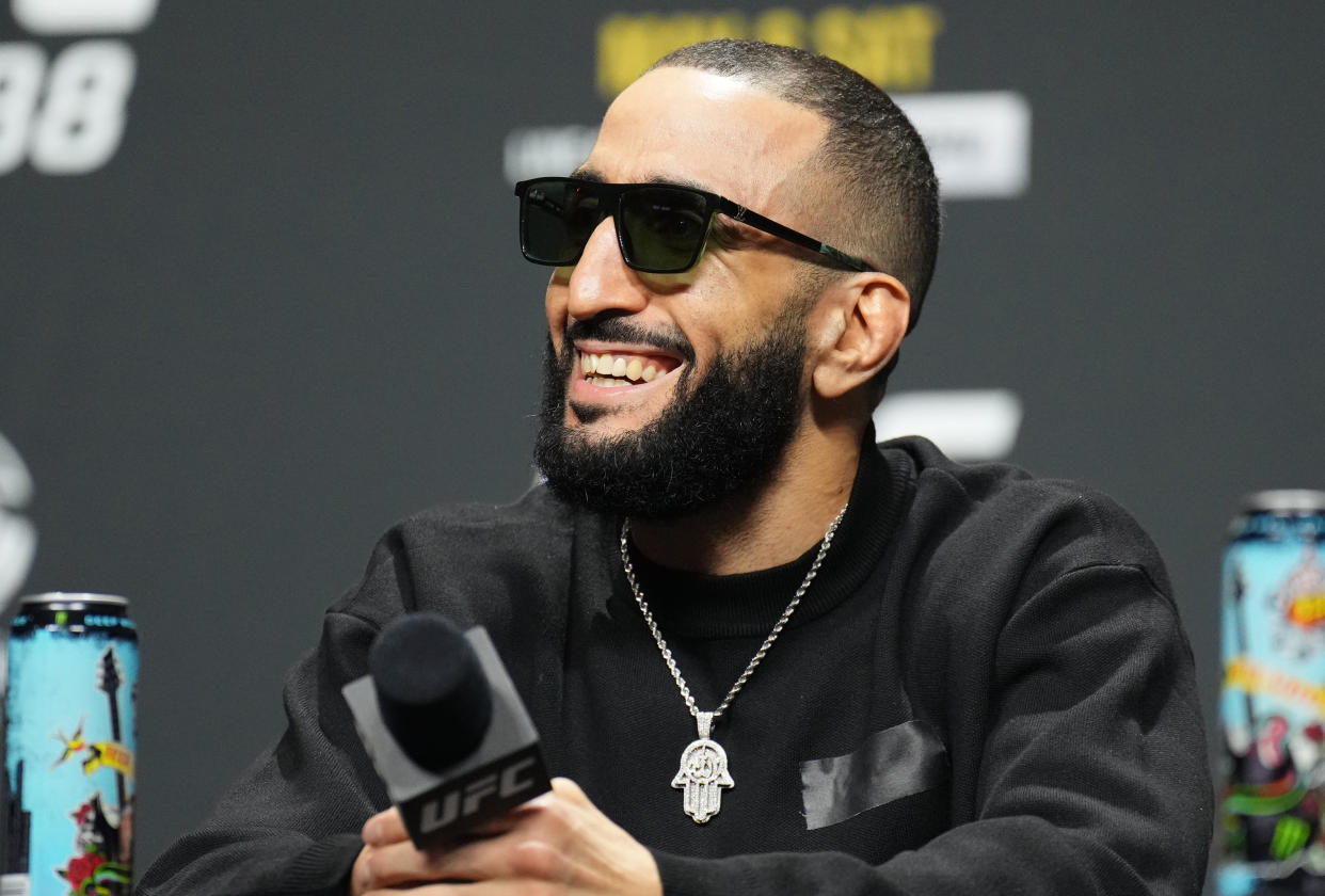 NEWARK, NEW JERSEY - MAY 04: Belal Muhammad is seen on stage during the UFC 288 press conference at Prudential Center on May 04, 2023 in Newark, New Jersey. (Photo by Chris Unger/Zuffa LLC via Getty Images)