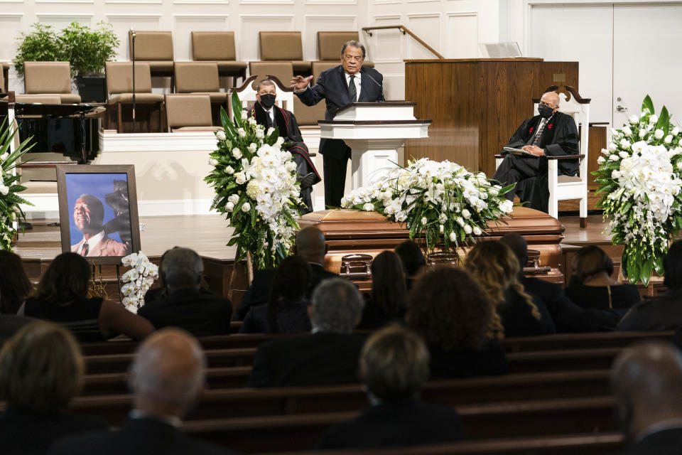 Andrew Young, former ambassador to the United Nations, speaks during the funeral services for Henry "Hank" Aaron, longtime Atlanta Braves player and Hall of Famer, on Wednesday, Jan. 27, 2021 at Friendship Baptist Church in Atlanta. (Kevin D. Liles/Atlanta Braves via AP, Pool)