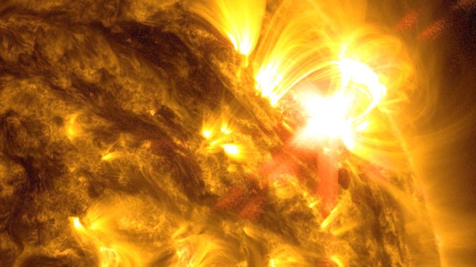 NASA’s Solar Dynamics Observatory captured this image of a strong solar flare on May 8, 2024. The image shows a blend of 171 and 131 Angstrom light, subsets of extreme ultraviolet light.