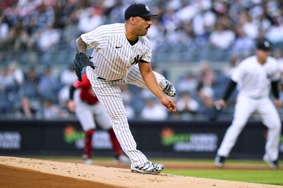 New York Yankees' Nestor Cortes watches a throw during the first inning of the team's baseball game against the Cincinnati Reds on Thursday, July 14, 2022, in New York. (AP Photo/Frank Franklin II)