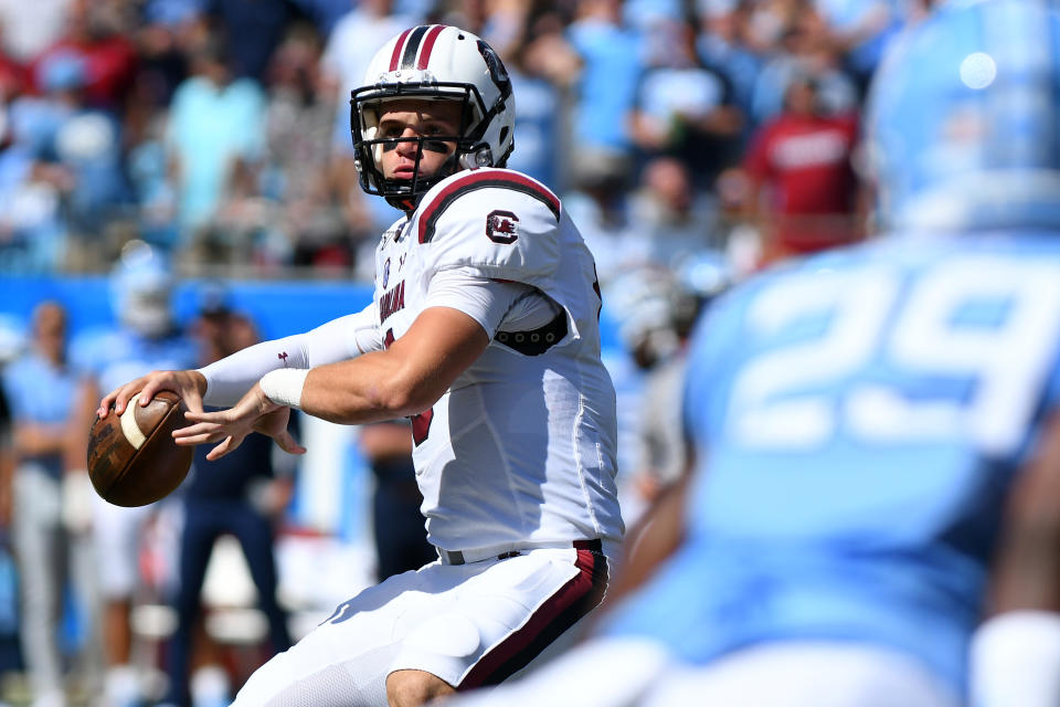 CHARLOTTE, NC - AUGUST 31: South Carolina Gamecocks quarterback Jake Bentley (19) draws back to pass in the first quarter during the Belk College Kickoff game between the South Carolina Gamecocks and the North Carolina Tar Heels on August 31, 2019 at Bank of America Stadium in Charlotte,NC. (Photo by Dannie Walls/Icon Sportswire via Getty Images)