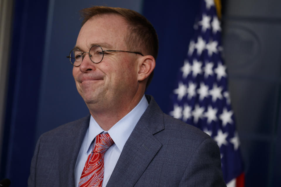 White House chief of staff Mick Mulvaney announces that the G7 will be held at Trump National Doral, Thursday, Oct. 17, 2019, in Washington. (AP Photo/Evan Vucci)