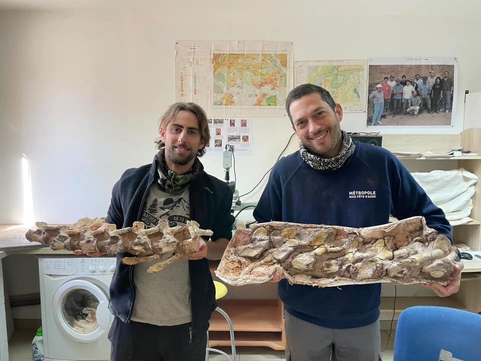 Damien Boschetto, left, and another researcher hold some of the dinosaur bones Boschetto found while walking his dog in Montouliers, France. / Credit: Damien Boschetto