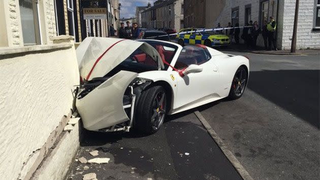 Usman Ali crashed a rented $400,000 Ferrari 458 Spider while his wife sat in the front seat less than 24 hours after being married. Photo: Twitter/Lancs Road Police