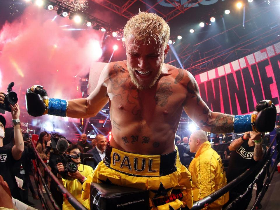 Jake Paul celebrates his latest win - a stunning knockout over Ben Askren.