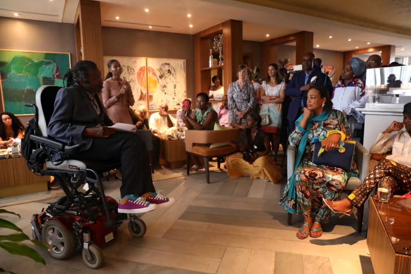 British-born Nigerian artist Yinka Shonibare speaks during the launching of a residency program to boost African art, in Lagos