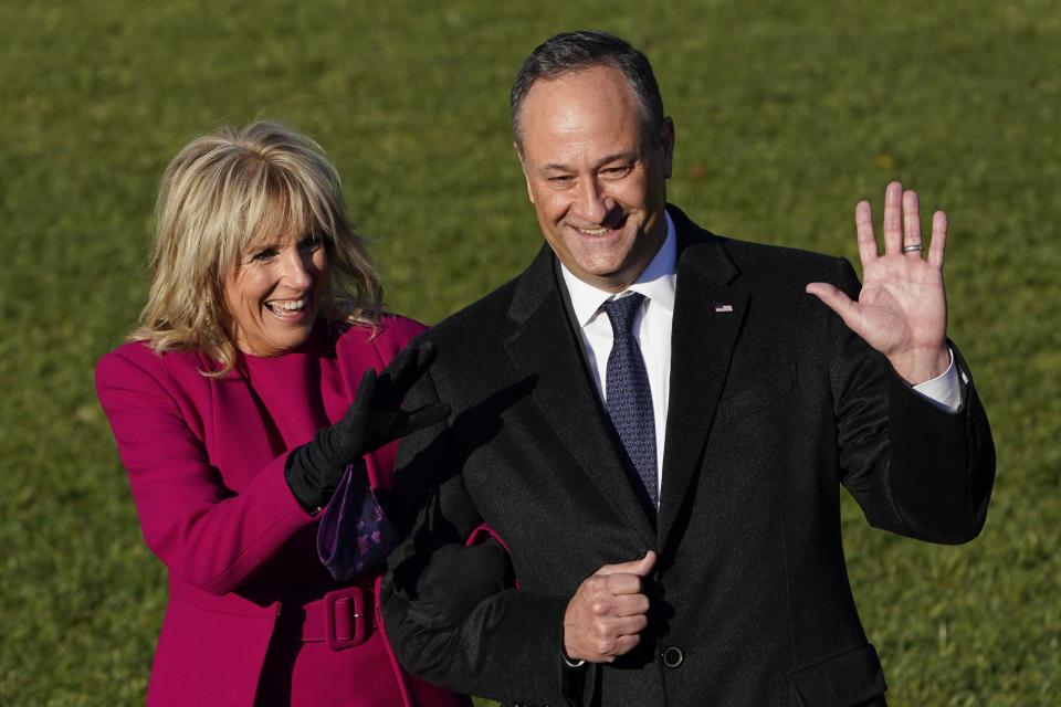 FILE - Doug Emhoff, husband of Vice President Kamala Harris, and first lady Jill Biden arrive before President Joe Biden signs the $1.2 trillion bipartisan infrastructure bill into law during a ceremony on the South Lawn of the White House in Washington, on Nov. 15, 2021. (AP Photo/Susan Walsh, File)