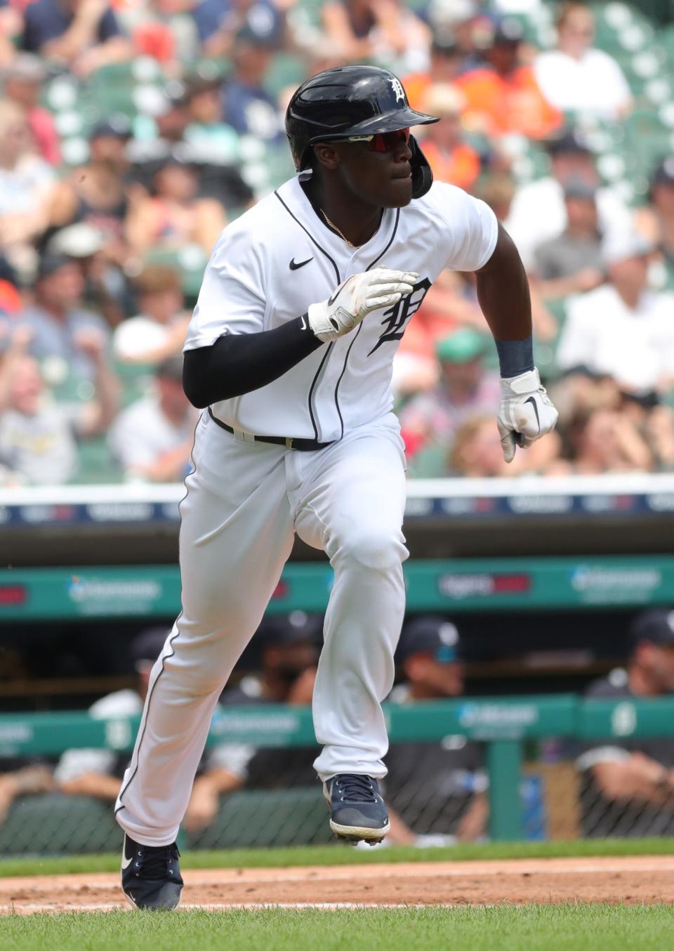 Detroit Tigers right fielder Daz Cameron (41) bats against Houston Astros starting pitcher Jake Odorizzi (17) during fifth inning action Sunday, June 27, 2021 at Comerica Park in Detroit.