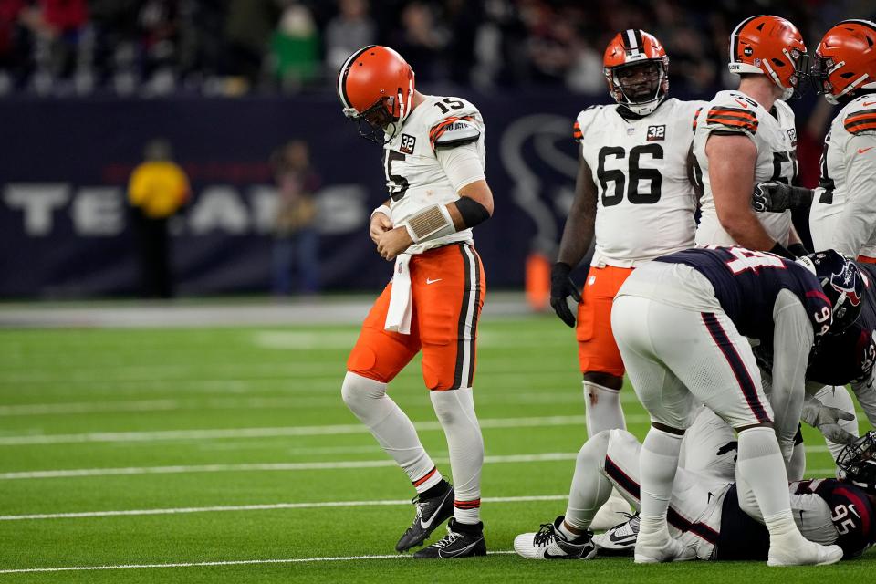 Cleveland Browns quarterback Joe Flacco leaves the field against the Houston Texans during the second half Saturday in Houston.