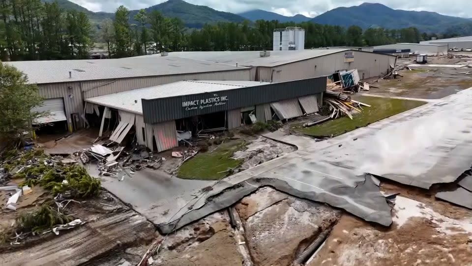 Storm damage from Hurricane Helene is seen at Impact Plastics Inc. in Erwin, Tennessee. - WVLT/WSMV