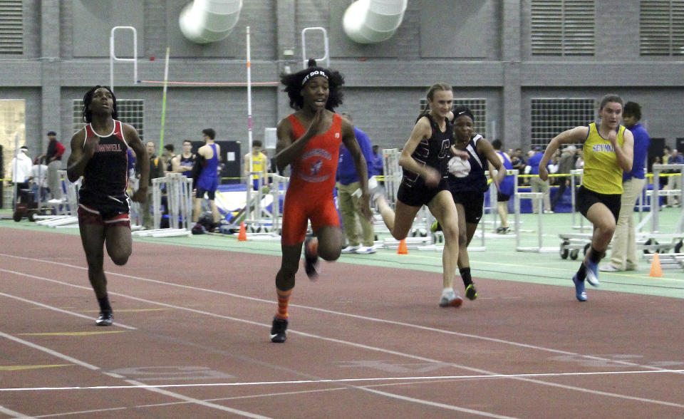 Bloomfield High School transgender athlete Terry Miller, second from left, wins the final of the 55-meter dash over transgender athlete Andraya Yearwood, far left, and other runners in the Connecticut girls Class S indoor track meet at Hillhouse High School in New Haven, Connecticut Feb. 7, 2019.