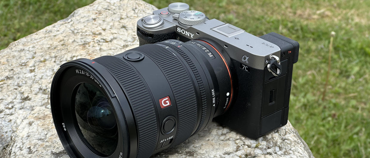  Sony A7C II mirrorless camera outside on a rock with Sony FE 16-35mm F2.8 GM II lens attached 