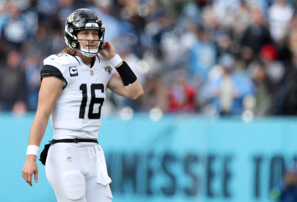 Trevor Lawrence #16 of the Jacksonville Jaguars reacts during the first half against the Tennessee Titans at Nissan Stadium on January 07, 2024 in Nashville, Tennessee.