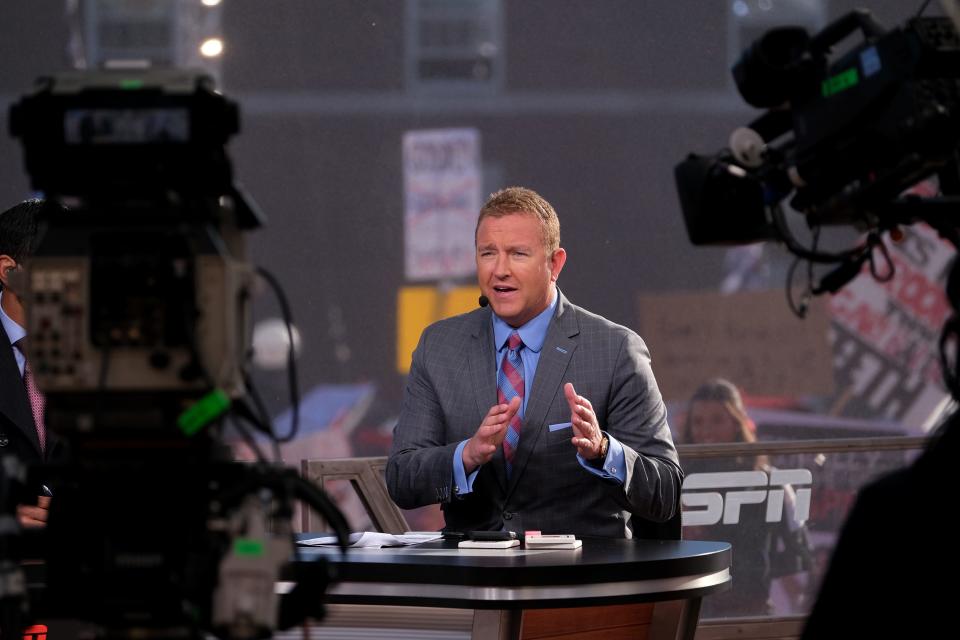 Kirk Herbstreit of ESPN's 'College GameDay' speaks during the broadcast at the University of Cincinnati for the first time before the Bearcats face the University of Tulsa game, Saturday, Nov. 6, 2021. He recently spoke to The Enquirer about UC joining the Big 12.