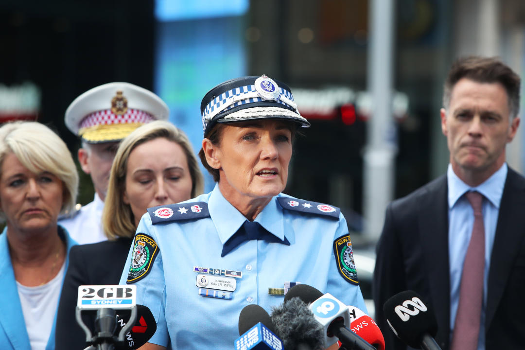 BONDI JUNCTION, AUSTRALIA - APRIL 14: NSW Police Commissioner Karen Webb speaks during a press conference at Westfield Bondi Junction on April 14, 2024 in Bondi Junction, Australia. Six victims, plus the offender, who was shot by police at the scene, are dead following a stabbing attack at Westfield Shopping Centre in Bondi Junction, Sydney. (Photo by Lisa Maree Williams/Getty Images)