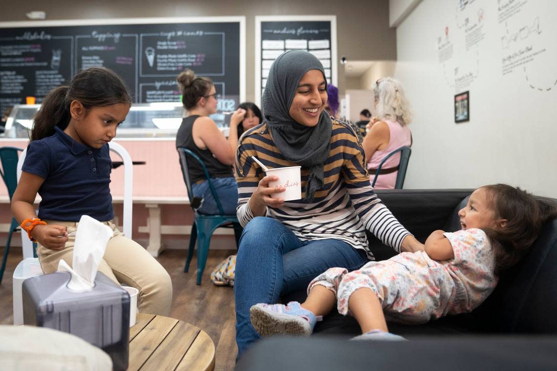 The Mathir family enjoys Andia’s Homemade Ice Cream in Cary, North Carolina, in August 2022.