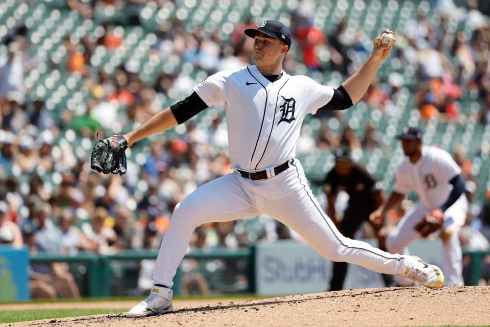 Detroit Tigers starting pitcher Tarik Skubal (29) pitches in the third inning against the Kansas City Royals at Comerica Park.