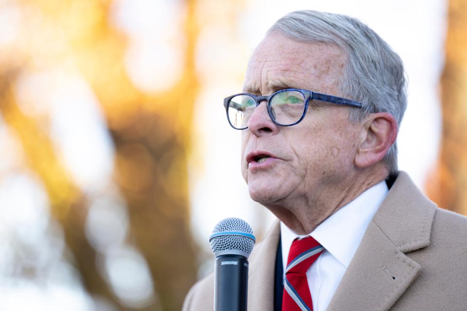 Gov. Mike DeWine speaks during the Hamilton County Republican Party “Knocks 10 Day Countdown” launch event at the J.D. Vance Regional Head Quarters in Cincinnati on Saturday, Oct. 29, 2022. 