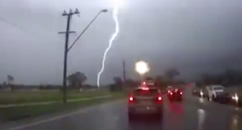 A lightning strike hits a power pole at Marsden Park. Source: 7 News