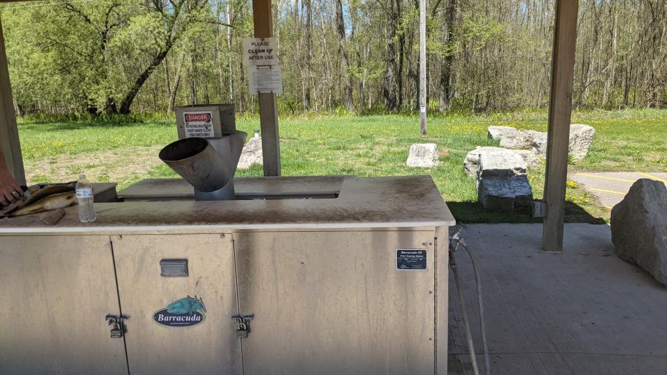 The Barracuda III fish cleaning station is seen at the North Bayshore boat landing in Oconto. The station was closed Monday due to repeated cloggings.