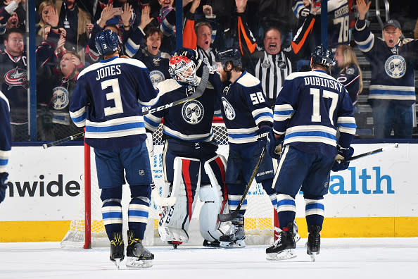 COLUMBUS, OH - JANUARY 3: The Columbus Blue Jackets celebrate with goaltender Sergei Bobrovsky #72 of the Columbus Blue Jackets after a 3-1 victory over the Edmonton Oilers on January 3, 2017 at Nationwide Arena in Columbus, Ohio. (Photo by Jamie Sabau/NHLI via Getty Images)