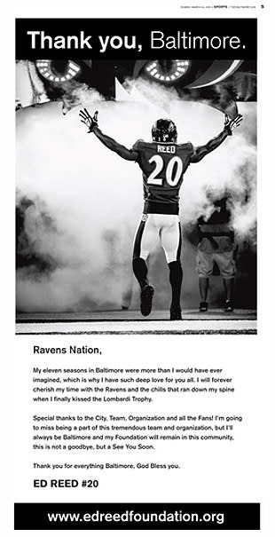 Ed Reed thanks Baltimore Ravens fans in full-page newspaper ad