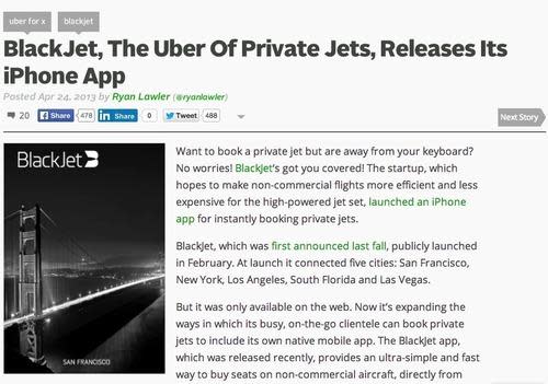 Screenshot: BlackJet, the Uber of private jets, releases its iPhone app