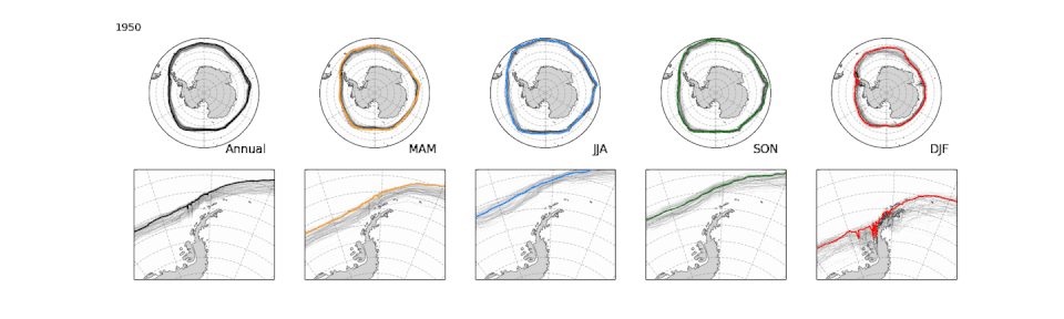 Evolution of the annual and seasonal position of the zero-degree isotherm in Antarctica between 1957 and 2020. The initials indicate the seasons for each measurement. MAM: autumn, JJA: winter, SON: spring, DJF: summer. González-Herrero et al. (2024)