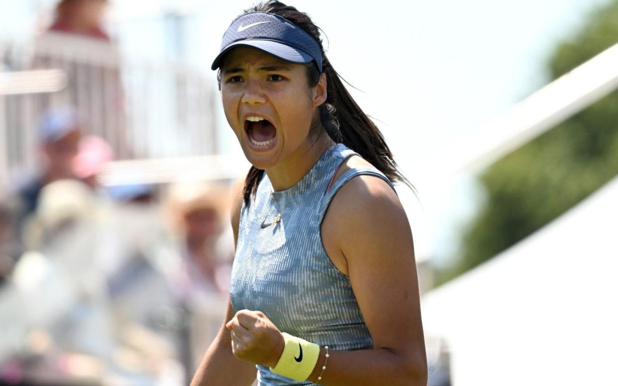 Emma Raducanu of Great Britain celebrates against Sloane Stephens of United States at the Rothesay International in Eastbourne