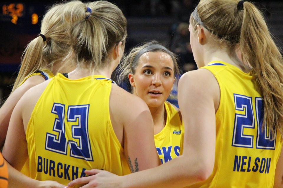 SDSU's Lindsey Theuninck huddles with her teammates during Saturday's win over Western Illinois at Frost Arena