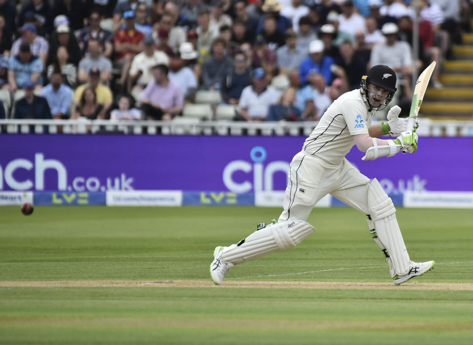 New Zealand's captain Tom Latham plays a shot during the second day of the second cricket test match between England and New Zealand at Edgbaston in Birmingham, England, Friday, June 11, 2021. (AP Photo/Rui Vieira)