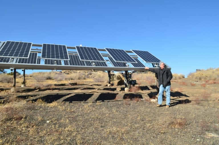 Mark Sorensen, founder of Star, an off-the-grid environmental school that teaches mostly Navajo Students, shows the wind and solar energy installation that provides all the electricity to the school