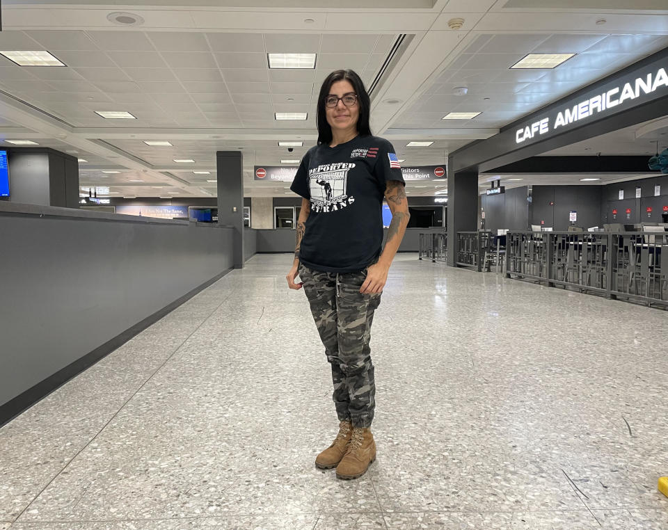 Laura Meza, the only known female deported veteran, returned to the U.S. on April 16, 2023, after a 14-year exile. / Credit: Camilo Montoya-Galvez / CBS News