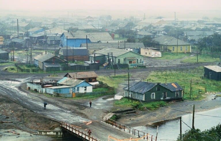 General view of a town on the island of Kunashir (or Kunashiri in Japanese), part of the Kuril Islands archipelago in the Pacific, between Kamchatka and Japan's northern Hokkaido island