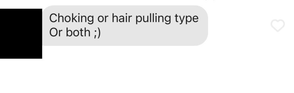 message reading "choking or hair pulling type or both" with a winky face