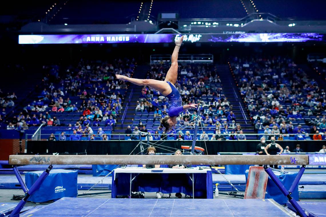 Anna Haigis performs on the balance beam during Kentucky’s annual Excite Night meet against Ball State last season. Kentucky’s Excite Night meet for the 2023 season will be on Jan. 13 against sixth-ranked LSU.