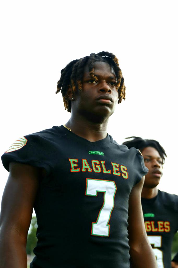 Atlantic linebacker Jayden Parrish before the Kickoff Classic against Palm Beach Central on Aug. 17, 2023.