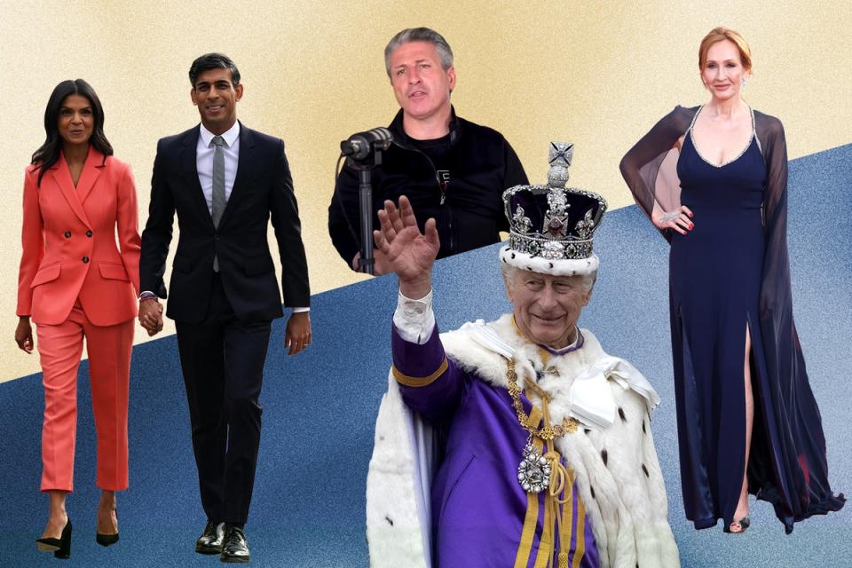 L-R: Akshata Murty, Rishi Sunak, Alfie Best, King Charles III and JK Rowling (Getty)