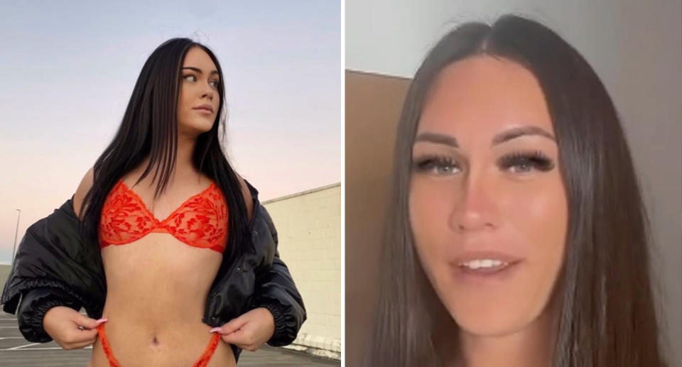 Left, Kay Manuel poses wearing a red bra and pants. Right, she speaks to the camera about attending schoolies. 