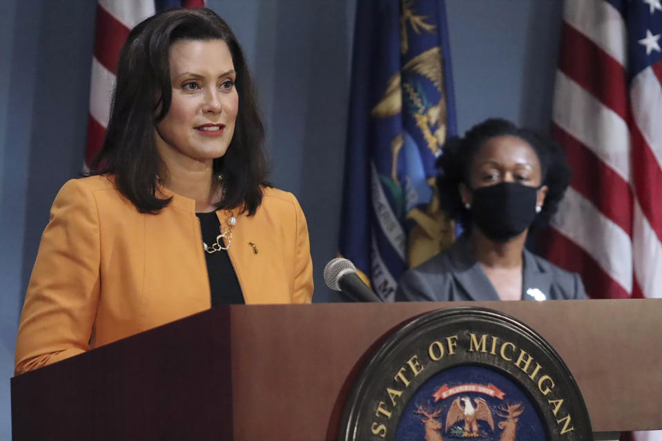 FILE - In this Aug. 19, 2020, file photo, provided by the Michigan Office of the Governor, Michigan Gov. Gretchen Whitmer addresses the state during a speech in Lansing, Mich. Court majorities are at stake beyond Washington, D.C., as voters chose justices for state supreme courts that have been thrust into politicized clashes over voter access and the emergency powers of governors fighting the coronavirus outbreak. Michigan Gov. Gretchen Whitmer, a Democrat, wants to flip control of the state’s Republican-majority high court .(Michigan Office of the Governor via AP, File)