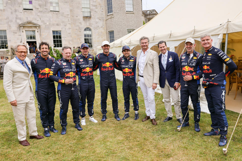 CHICHESTER, ENGLAND - JULY 14: (L to R) Charles Gordon-Lennox, Duke of Richmond,, Daniel Ricciardo, Director of Red Bull Racing Christian Horner, Red Bull racing driver Max Verstappen, Mark Webber, Red Bull racing driver Sergio Pérez, Laurent Feniou, guest, Adrian Newey and David Coulthard attend Cartier Style Et Luxe at the Goodwood Festival of Speed on July 14, 2024 in Chichester, England. (Photo by Max Cisotti/Dave Benett)