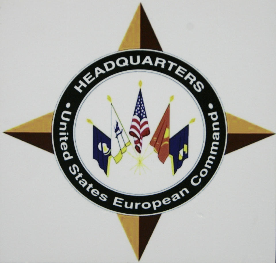 FILE - The logo of the headquarters of the US European Command (US EUCOM) is seen in the Patch Barracks in Stuttgart, southwestern Germany, Dec. 4, 2006. Five U.S. servicepeople were killed when a military aircraft crashed over the eastern Mediterranean Sea during a training mission, U.S. European Command said Sunday, Nov. 12, 2023. (AP Photo/Thomas Kienzle, file)