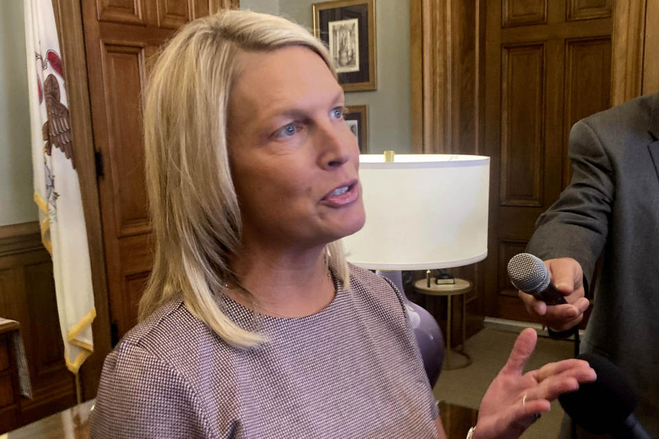 House Minority Leader Tony McCombie, R-Savanna, meets with reporters in her Illinois state Capitol office on Thursday, Nov. 9, 2023, in Springfield, Ill. , following the end of the General Assembly's fall veto session. (John O'Connor/AP)