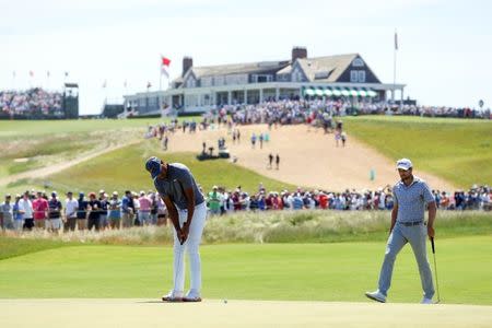 Jun 16, 2018; Southampton, NY, USA; Tony Finau putts the first green during the third round of the U.S. Open golf tournament at Shinnecock Hills GC - Shinnecock Hills Golf C. Mandatory Credit: Brad Penner-USA TODAY Sports