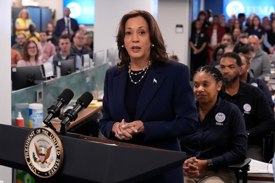 Vice President Kamala Harris speaks at FEMA headquarters on Monday in Washington, DC.  She said more than 3,300 federal personnel are helping to respond to relief efforts after Hurricane Helene. ((AP Photo/Jacquelyn Martin))