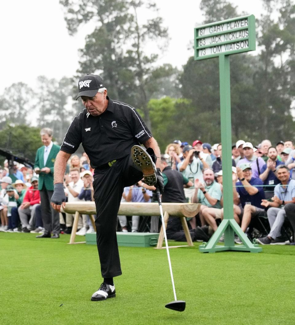 Apr 6, 2023; Augusta, Georgia, USA; Honorary starter Gary Player reacts after teeing off during the first round of The Masters golf tournament. Mandatory Credit: Rob Schumacher-USA TODAY Network

Pga Masters Tournament First Round