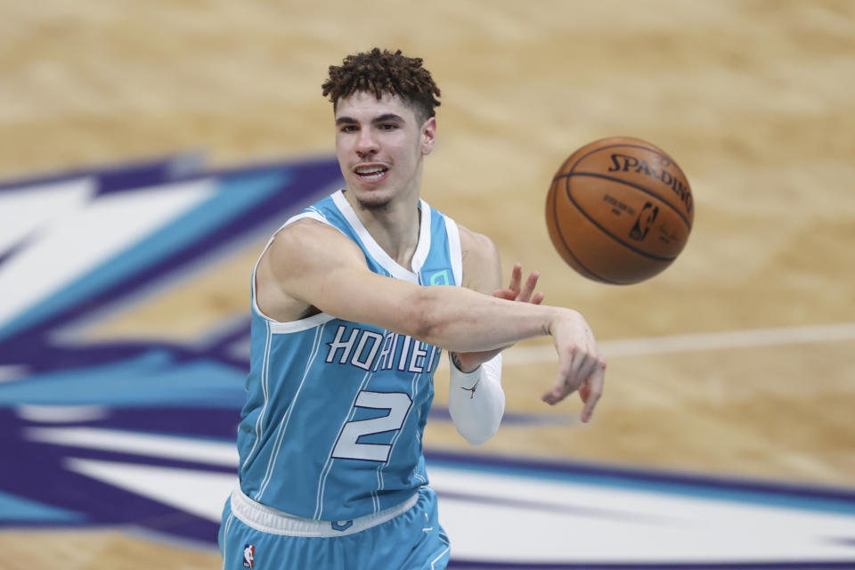 Charlotte Hornets guard LaMelo Ball is dominating the rookie of the year race. (AP Photo/Nell Redmond)