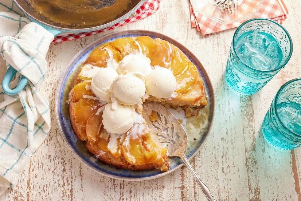 apple cake with scoops of vanilla ice cream