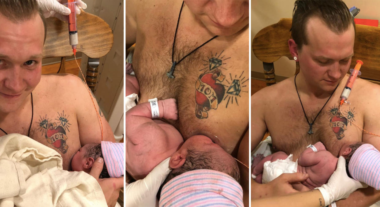 A new dad stepped in to ‘breastfeed’ his baby as his wife recovered from birth [Photo: Facebook/Maxamillian Kendall Neubauer]