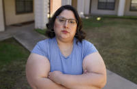 Cristina Garrido, an organizer with the Latino empowerment group JOLT, poses for a photo in Denton, Texas, Wednesday, Sept. 22, 2021. Texas this week will begin redrawing congressional lines, and Latino advocates and officeholders say it's time to correct past wrongs. The state's explosive population growth over the past decade, half of which comes from Latinos, has earned it two new congressional seats. At least one should be a Latino-majority congressional seat in the Dallas area, they argue. (AP Photo/LM Otero)